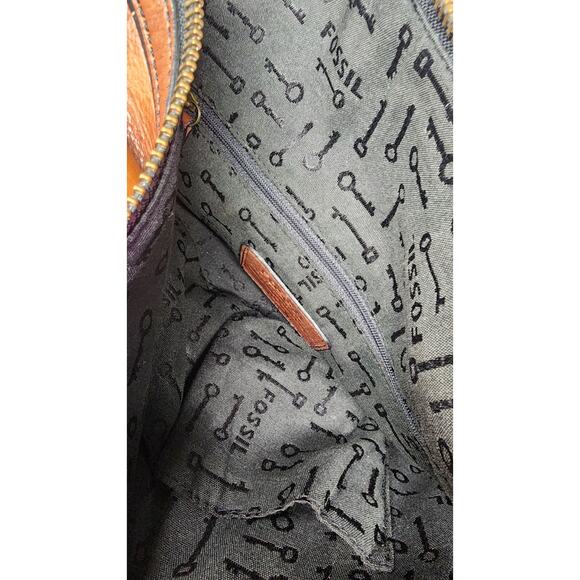 Vintage Fossil Reissue Large Satchel Handbag Camel Brown Leather With Key Charms - Picture 7 of 16